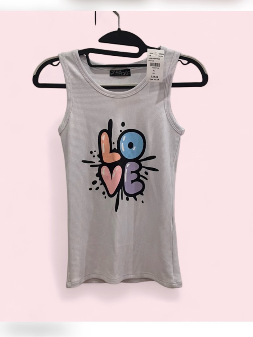 CHIC 2 CHIC - Girls' White Ribbed Tank with Colorful LOVE Graphic